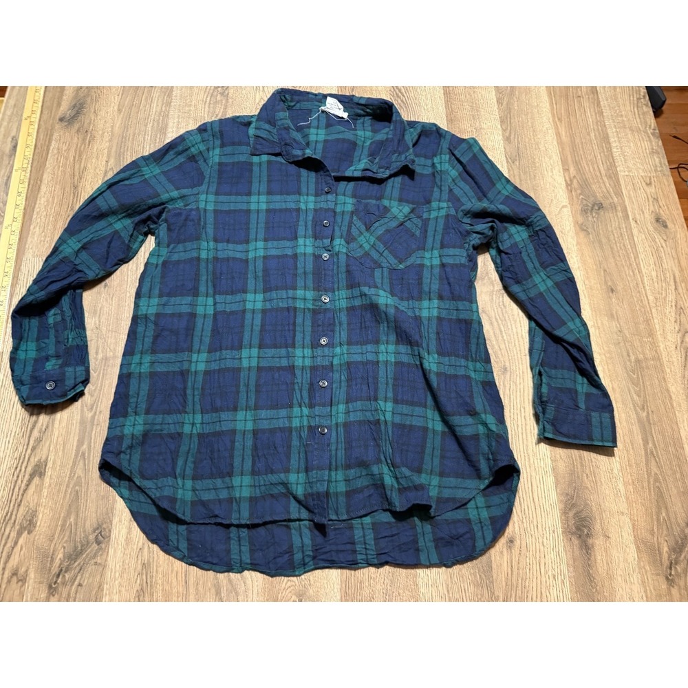Beach Lunch Lounge Shirt Womens XXL Black Blue Green Plaid Long Sleeve Button Up